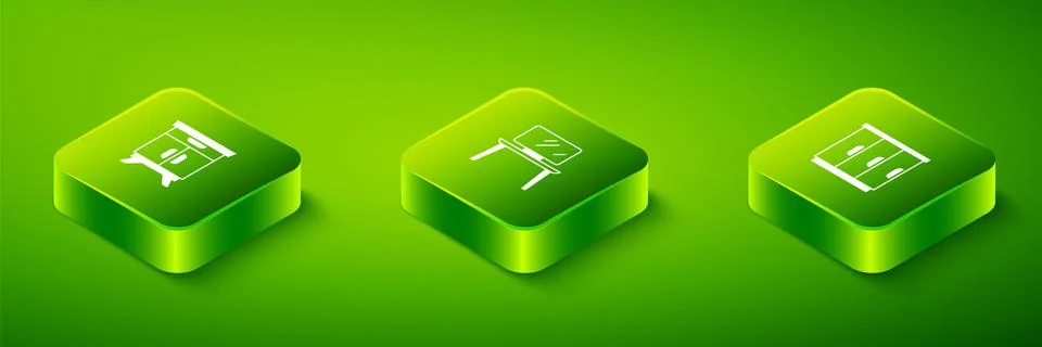 Set Isometric TV table stand, Wardrobe and Furniture nightstand icon. Vector Illustrazione stock