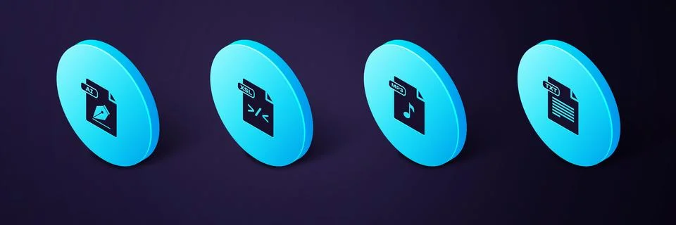 Set Isometric TXT file document, MP3, XSL and AI icon. Vector Illustrazione stock