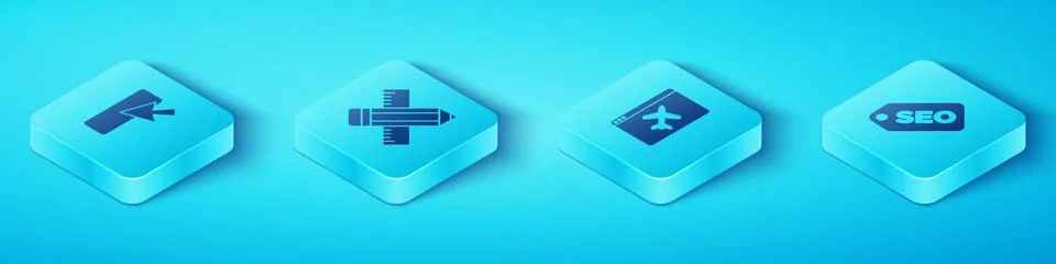 Set Isometric UI or UX design, Crossed ruler and pencil, SEO optimization and 스톡 일러스트