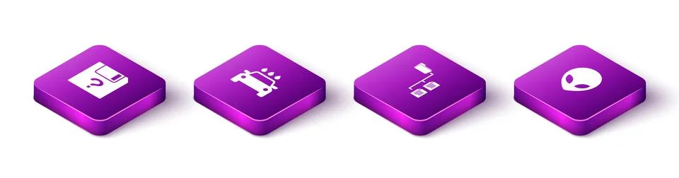 Set Isometric Unknown document, Car wash, Folder tree and Alien icon. Vector Stock Illustration