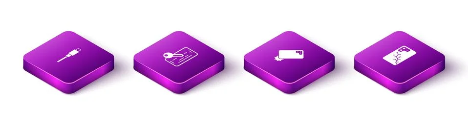 Set Isometric USB cable cord, Glass screen protector, Shockproof phone and Illustrazione stock