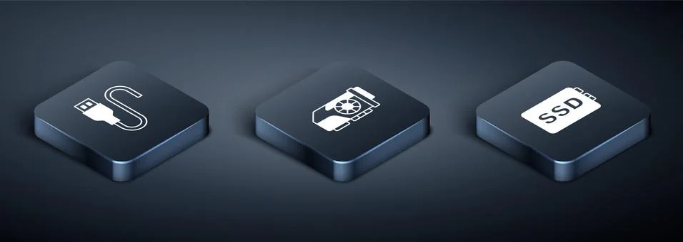Set Isometric USB cable cord, SSD card and Video graphic icon. Vector Stock Illustration