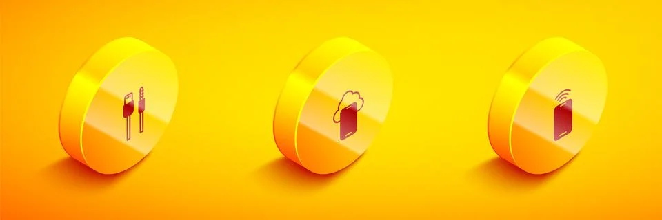 Set Isometric USB cable cord, Cloud technology data and Mobile with wi-fi Stock Illustration