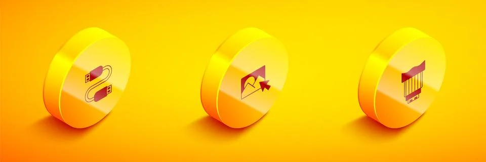 Set Isometric USB cable cord, Photo retouching and Camera photo lens icon. .. Stockillustratie