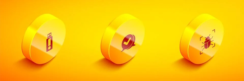 Set Isometric USB flash drive, Check mark in speech bubble and System bug icon Stock-Illustration
