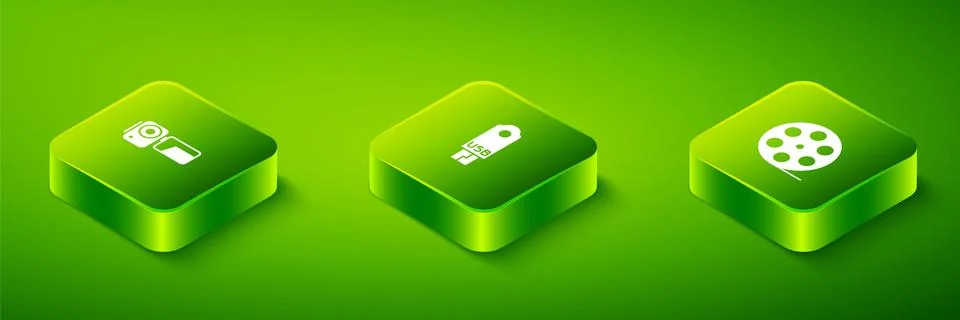 Set Isometric USB flash drive, Film reel and Cinema camera icon. Vector Stock Illustration