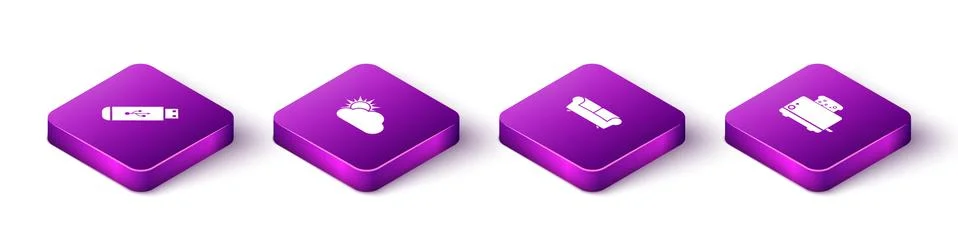 Set Isometric USB flash drive, Sun and cloud weather, Sofa and Toaster with Ilustração Stock