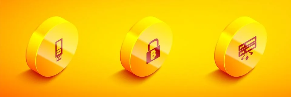 Set Isometric USB flash drive, Lock with bitcoin and Server icon. Vector 스톡 일러스트