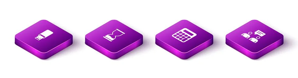 Set Isometric USB flash drive, Old hourglass, Calculator and Two sitting men  Stock Illustration