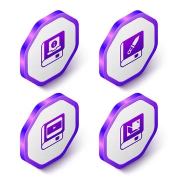 Set Isometric User manual, Book about weapon, cinema and geometry icon. Purple Stock Illustration
