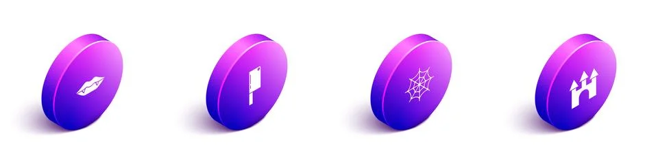 Set Isometric Vampire teeth, Meat chopper, Spider web and Castle icon. Vector Stock Illustration