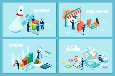 Set of isometric vector design templates for online shopping, startup strateg Stock Illustration