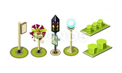 Set of isometric vector elements for city constructor. Traffic light with map Stock Illustration