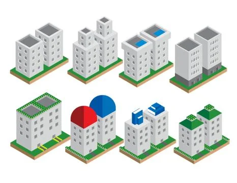 Set of the isometric vector elements. Skyscrapers, park with ponds, city buil Stock Illustration