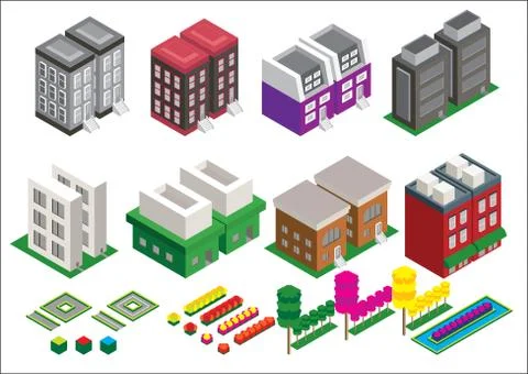 Set of the isometric vector elements. Skyscrapers, park with ponds, city buil Illustrazione stock