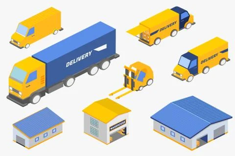 Set of isometric vector illustration of various delivery service vehicles and 库存插图