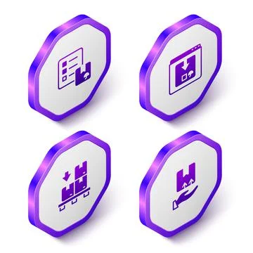 Set Isometric Verification of delivery list, Online app tracking, Cardboard Stock Illustration