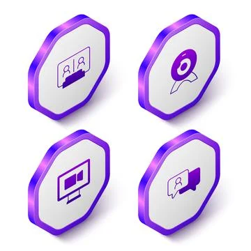 Set Isometric Video chat conference, Web camera, and Speech bubble icon. Purple 스톡 일러스트