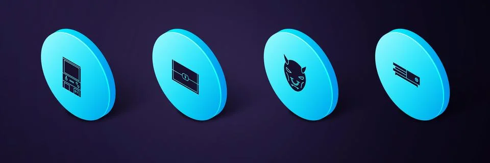 Set Isometric Video game console, Mask of the devil with horns, Chest for and Stock Illustration