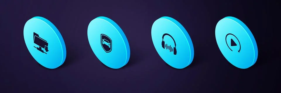 Set Isometric Video play button, Headphone and sound waves, Car protection or 스톡 일러스트