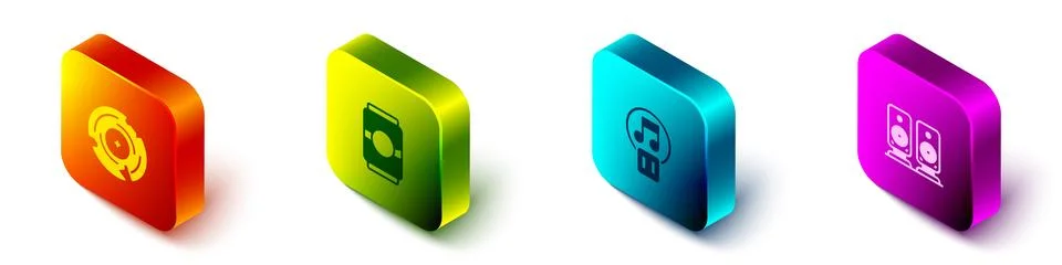 Set Isometric Vinyl disk, Beer can, Pause button and Stereo speaker icon. Vector Illustrazione stock
