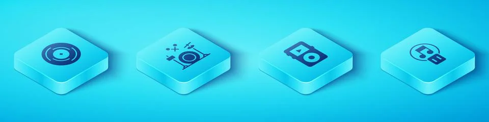 Set Isometric Vinyl disk, Drums, Pause button and Music player icon. Vector Stock Illustration