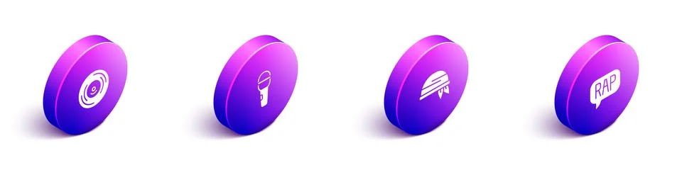 Set Isometric Vinyl disk, Microphone, Bandana and Rap music icon. Vector Stock Illustration