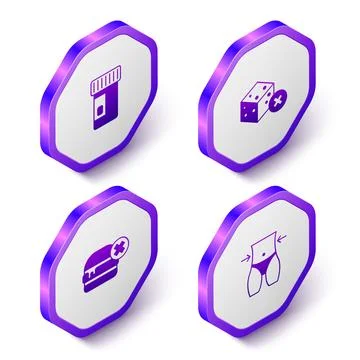 Set Isometric Vitamins, No sugar free, burger and Women waist icon. Purple .. 스톡 일러스트