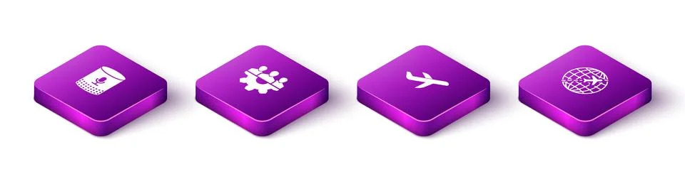 Set Isometric Voice assistant, Project team base, Plane and Globe with flying Stock Illustration