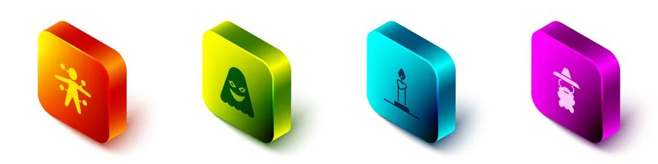 Set Isometric Voodoo doll, Ghost, Burning candle in candlestick and Wizard 스톡 일러스트