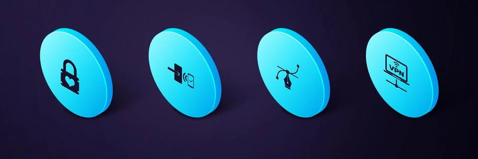 Set Isometric VPN Computer network, Bezier curve, Digital door lock with Stock Illustration