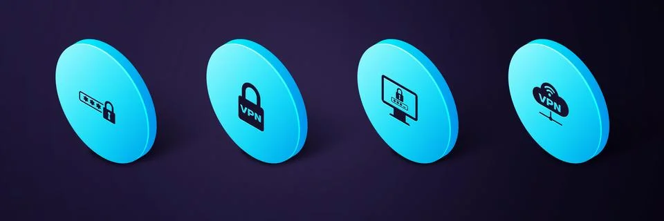 Set Isometric VPN Network cloud connection, Monitor with password, Lock and 스톡 일러스트