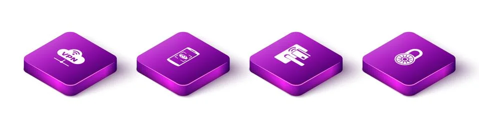 Set Isometric VPN Network cloud connection, Mobile and eye scan, Digital door Stock Illustration