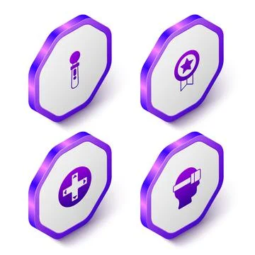 Set Isometric VR controller game, Game rating with medal, or joystick and Stock Illustration