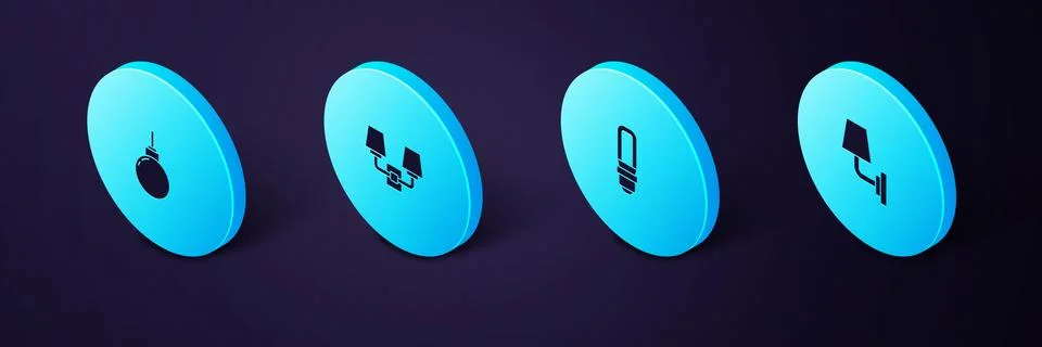 Set Isometric Wall lamp or sconce, LED light bulb, and Lamp hanging icon. Vector Stock Illustration