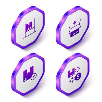Set Isometric Warehouse interior with boxes, Carton cardboard, and Tax icon Stock Illustration