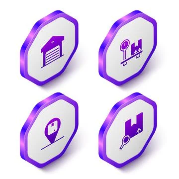 Set Isometric Warehouse, Scale with cardboard box, Location and Search package Stock Illustration