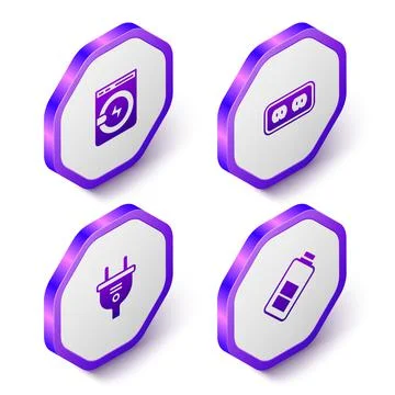 Set Isometric Washer, Electrical outlet, plug and Battery charge icon. Purple Stock-Illustration