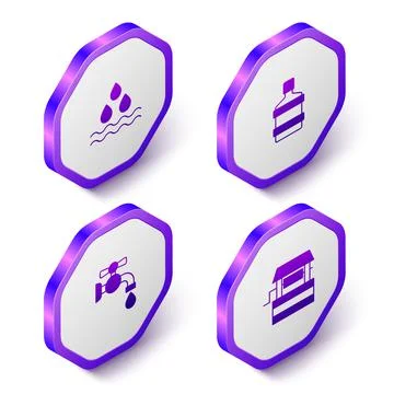 Set Isometric Water drop, Big bottle with clean water, tap and Well icon. Purple Illustrazione stock
