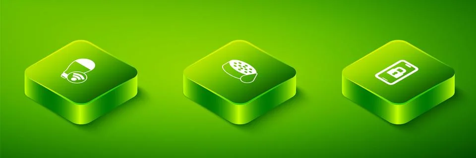 Set Isometric Water sensor, Digital door lock and Smart light bulb icon. Vect Stock Illustration