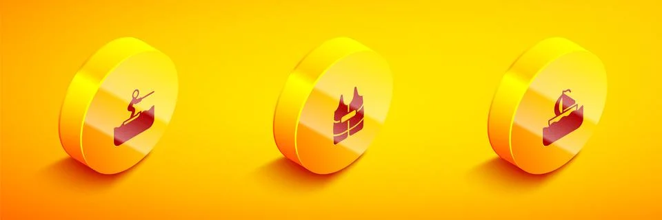 Set Isometric Water skiing man, Life jacket and Yacht sailboat icon. Vector Stockillustratie