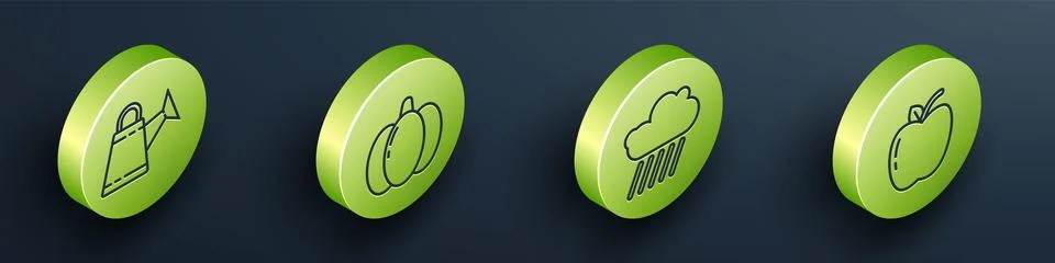Set Isometric Watering can, Pumpkin, Cloud with rain and Apple icon. Vector Stock Illustration