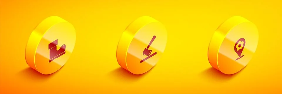 Set Isometric Waterproof rubber boot, Wooden axe and Location with flower icon Illustration