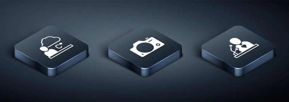 Set Isometric Weather forecast, Breaking news and Photo camera icon. Vector 库存插图