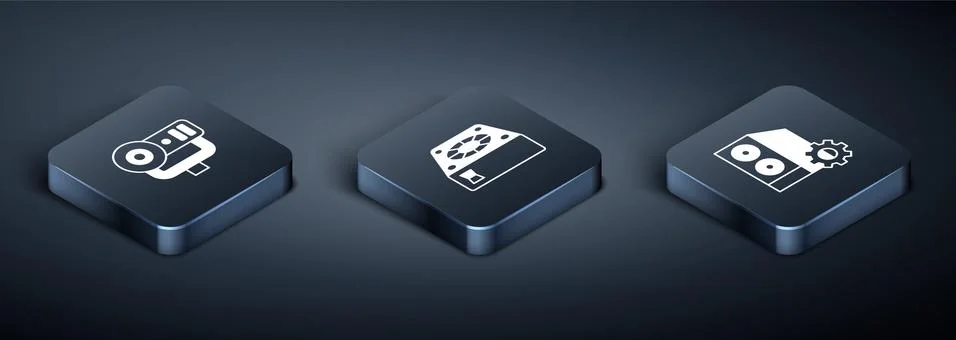 Set Isometric Web camera, Case of computer and Computer cooler icon. Vector Illustrazione stock