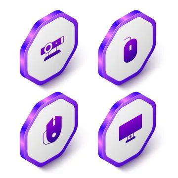 Set Isometric Web camera, Computer mouse, and monitor icon. Purple hexagon Stock Illustration