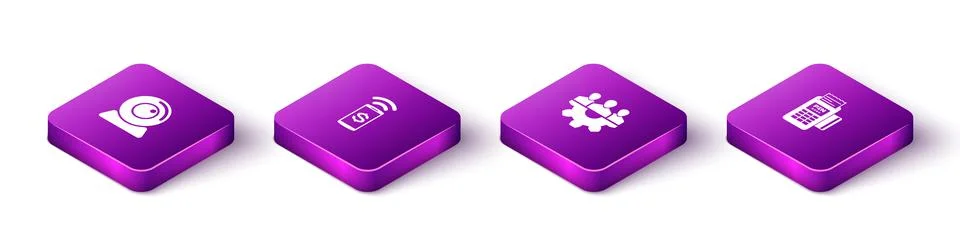 Set Isometric Web camera, Contactless payment, Project team base and POS Stock Illustration