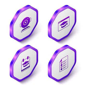 Set Isometric Web camera, Online education, and quiz, test, survey icon. Purple 스톡 일러스트