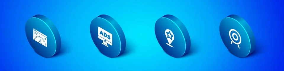 Set Isometric Website statistic, Map pointer with star, Target sport and Stock Illustration