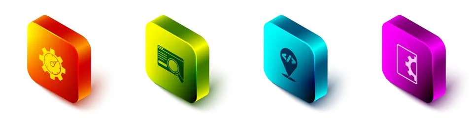 Set Isometric Website statistic, UI or UX design, Front end development and icon Stock Illustration
